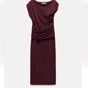 Zara Red Ruched Cowl Neck Sheath Dress